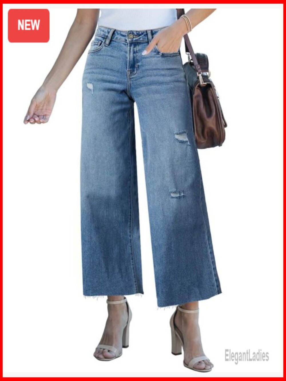 High Waisted Wide Leg Ripped Jeans Stretch Denim Ankle Pants - Picture 6 of 7